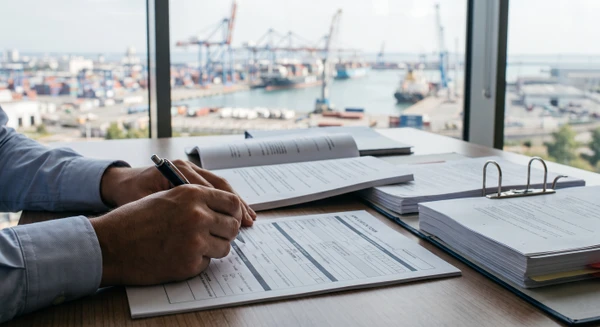 Gros plan sur des mains d'une personne en chemise professionnelle remplissant minutieusement un formulaire de candidature ou un cahier des charges, stylo à la main, entourée de documents contractuels, dossiers d'appels d'offres et manuels de procédures, avec en arrière-plan flou une vue sur un port maritime avec navires et installations portuaires visibles par une fenêtre. L'atmosphère doit transmettre la concentration et la maîtrise administrative dans un contexte maritime authentique.