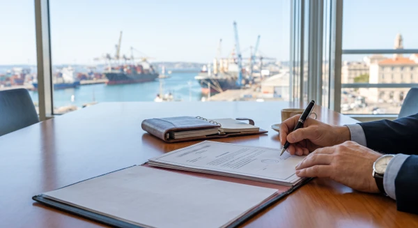 Gros plan sur une table de travail maritime : un dossier ou classeur de couleur sombre est ouvert, révélant des pages contractuelles officielles marquées "DSP" ou "Délégation de Service Public". À proximité, une signature officielle au stylo noir est en cours sur un document tamponné. En arrière-plan légèrement flou mais reconnaissable : une vue de port maritime avec navires amarrés et installations portuaires visibles par une fenêtre. Lumière naturelle professionnelle, ambiance de signature contractuelle authentique et officielle dans un contexte portuaire.
