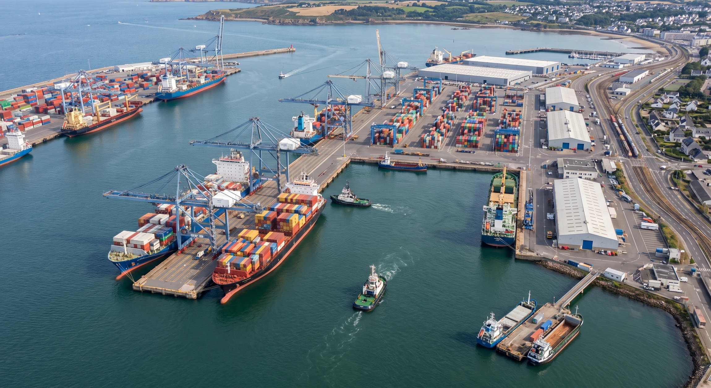 Écran d'ordinateur de bureau affichant un tableau de bord ou portail de veille des marchés publics avec flux d'appels d'offres, en arrière-plan flou d'un bureau portuaire avec baies vitrées donnant sur un port maritime (navires, grues portuaires, conteneurs visibles). Plan serré sur l'écran montrant clairement des données de marché public, lumière naturelle du jour traversant la pièce, atmosphère de travail professionnel concentré dans un contexte portuaire.