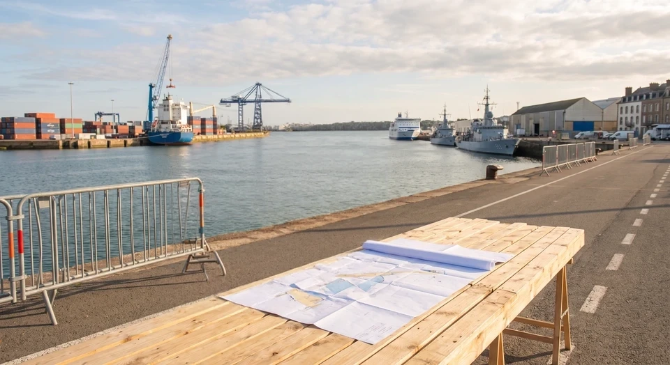 Photo réaliste d'un port maritime actif avec bateaux, conteneurs et installations portuaires visibles en arrière-plan. Au premier plan, deux professionnels en tenue business casual examinent ensemble des documents ou plans portuaires, symbolisant l'expertise spécialisée dans le secteur maritime. Environnement lumineux, atmosphère professionnelle et dynamique, mettant l'accent sur l'expertise ciblée dans un secteur maritime spécifique.